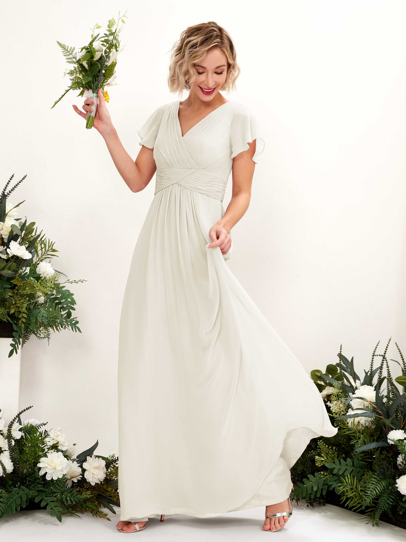 Ivory Bridesmaid Dresses Bridesmaid Dress A-line Chiffon V-neck Full Length Short Sleeves Wedding Party Dress (81224326)#color_ivory