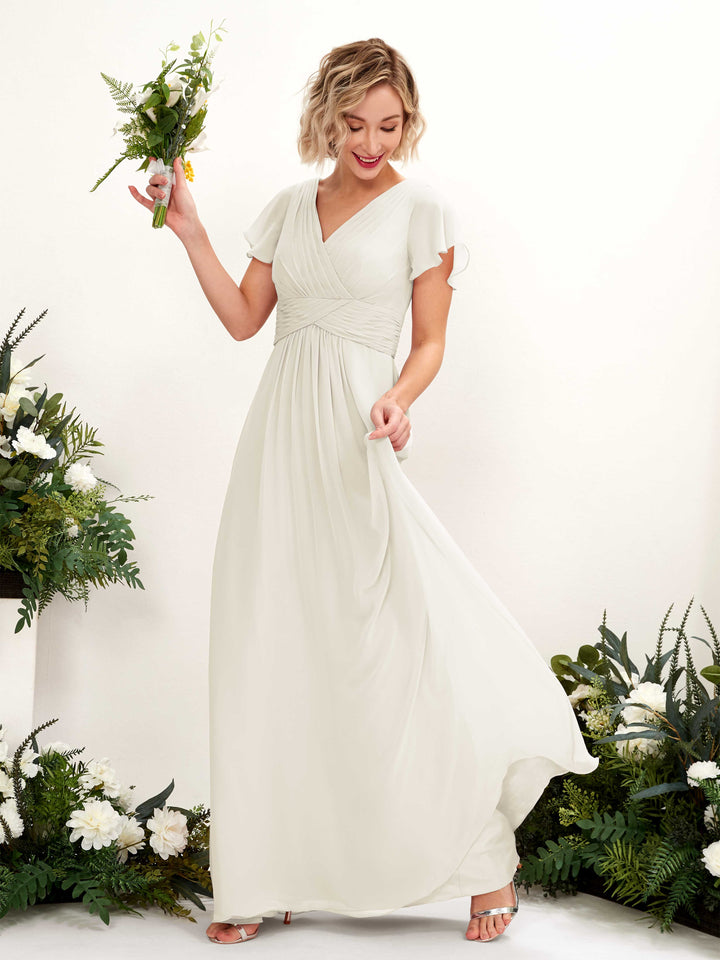 Ivory Bridesmaid Dresses Bridesmaid Dress A-line Chiffon V-neck Full Length Short Sleeves Wedding Party Dress (81224326)