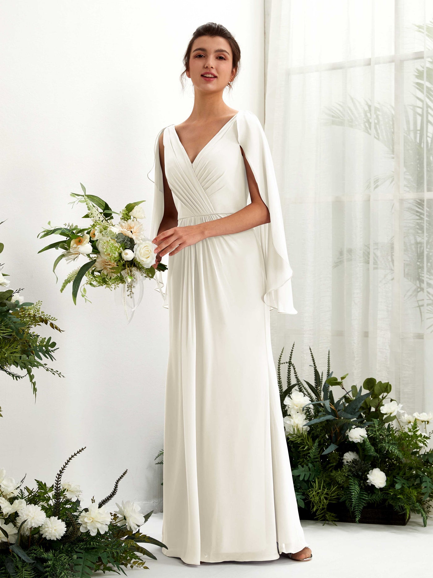 Ivory Bridesmaid Dresses Bridesmaid Dress A-line Chiffon Straps Full Length Long Sleeves Wedding Party Dress (80220126)#color_ivory