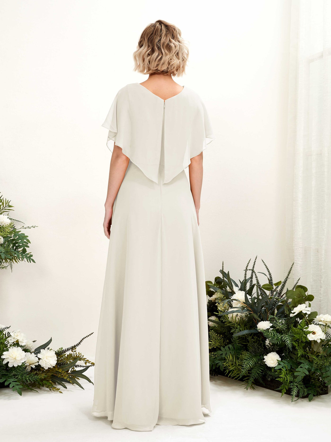 Ivory Bridesmaid Dresses Bridesmaid Dress A-line Chiffon V-neck Full Length Short Sleeves Wedding Party Dress (81222126)#color_ivory