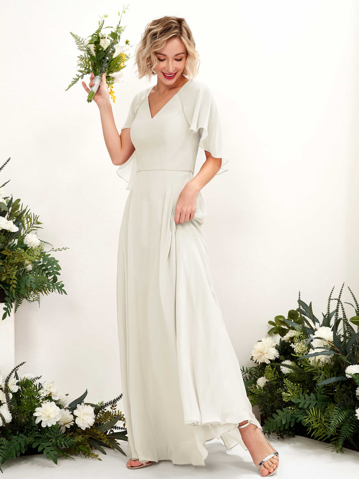 Ivory Bridesmaid Dresses Bridesmaid Dress A-line Chiffon V-neck Full Length Short Sleeves Wedding Party Dress (81224426)