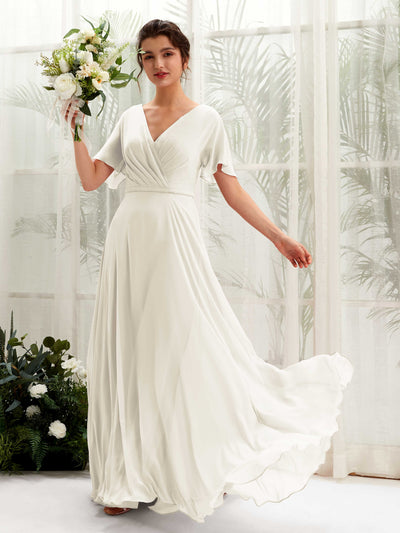 Carlyna Daphne A-Line Ivory Bridesmaid Dress Maxi Short Sleeve V-Neck Dress Front View #color_ivory