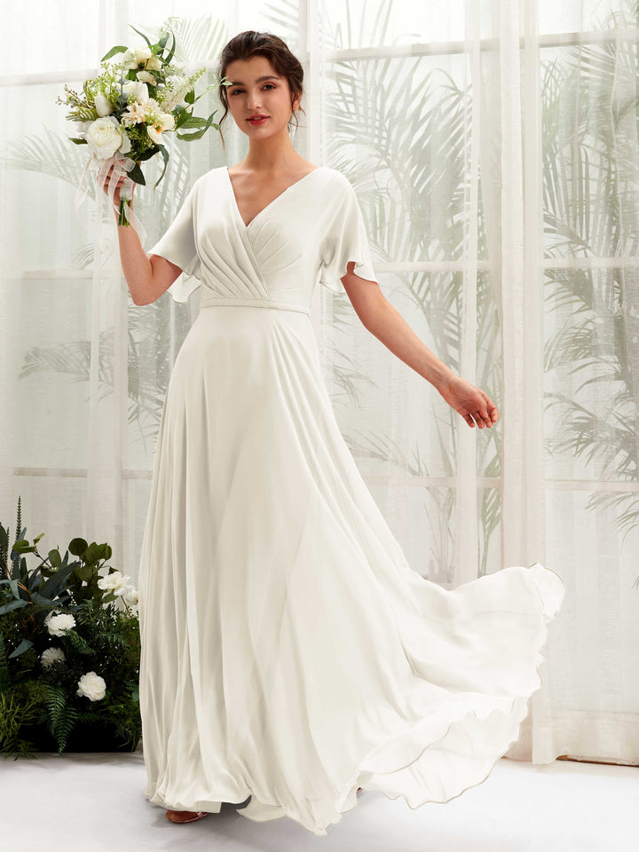 Ivory Bridesmaid Dresses Bridesmaid Dress A-line Chiffon V-neck Full Length Short Sleeves Wedding Party Dress (81224626)