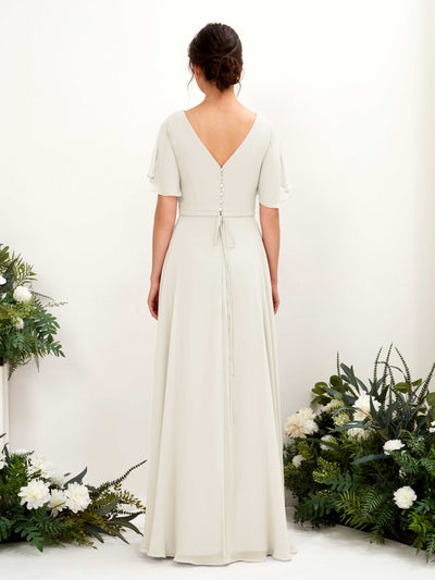 Carlyna Daphne A-Line Ivory Bridesmaid Dress Maxi Short Sleeve V-Neck Dress Back View #color_ivory