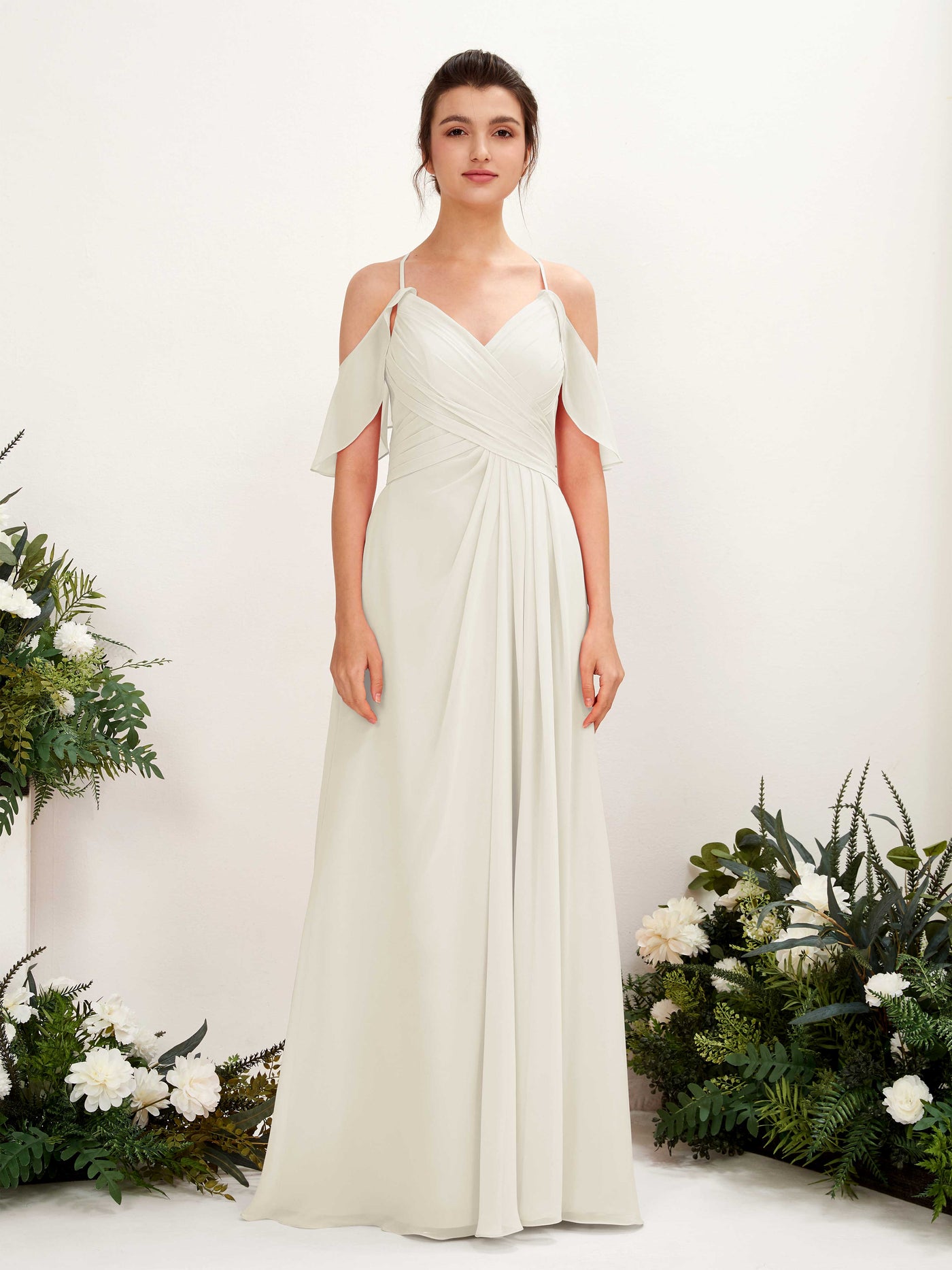 Ball Gown Off Shoulder Spaghetti-straps Chiffon Bridesmaid Dress - Ivory (81221726)#color_ivory