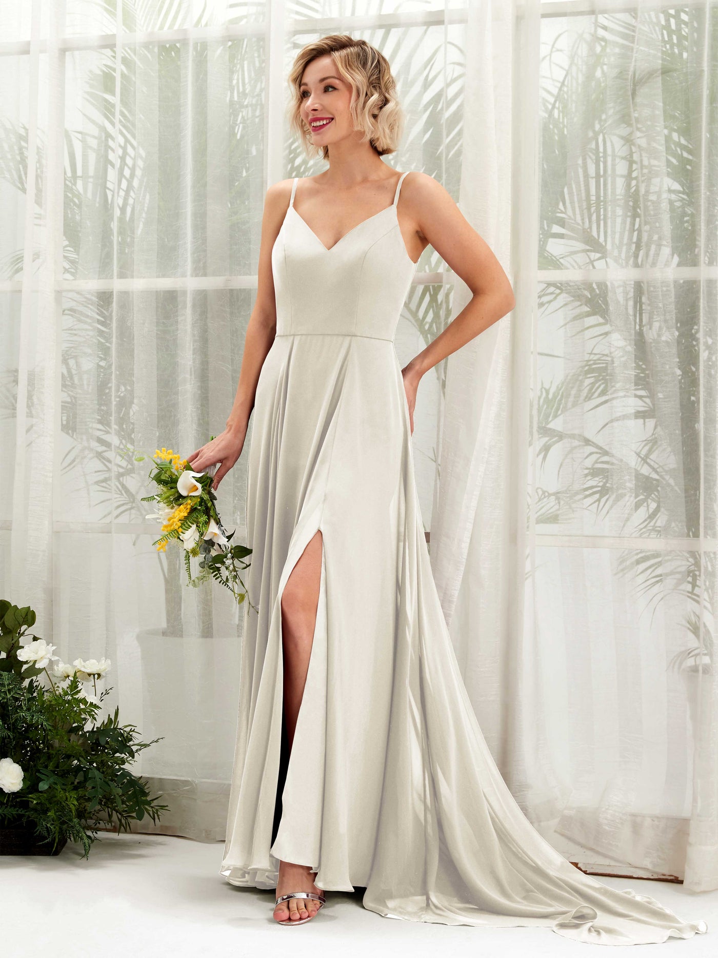 Ivory Bridesmaid Dresses Bridesmaid Dress A-line Chiffon V-neck Full Length Sleeveless Wedding Party Dress (81224126)#color_ivory
