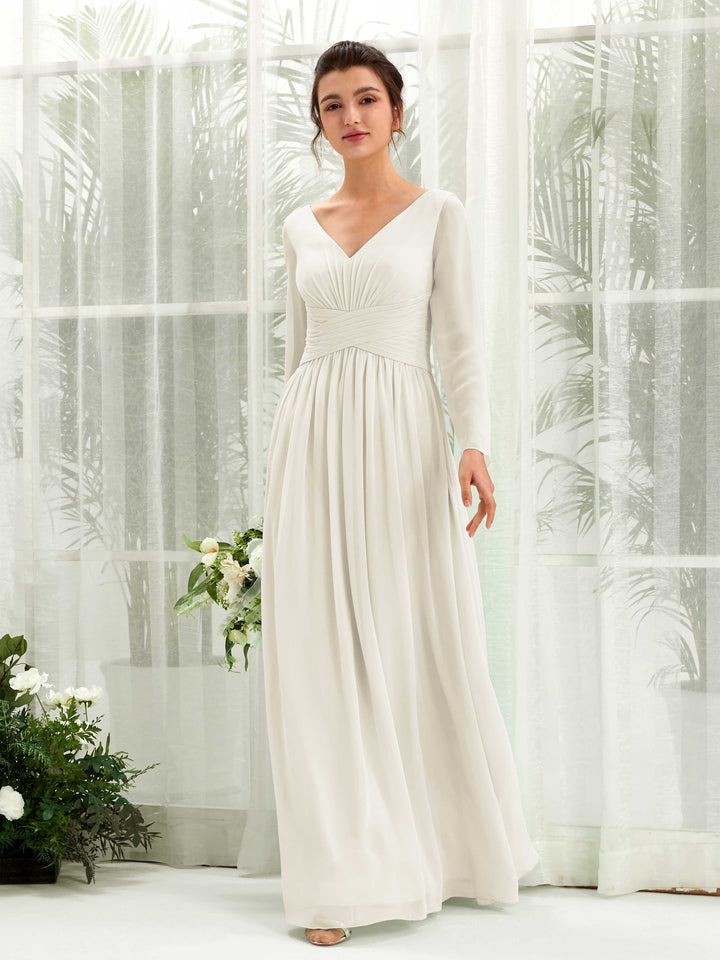Ivory Bridesmaid Dresses Bridesmaid Dress A-line Chiffon V-neck Full Length Long Sleeves Wedding Party Dress (81220326)