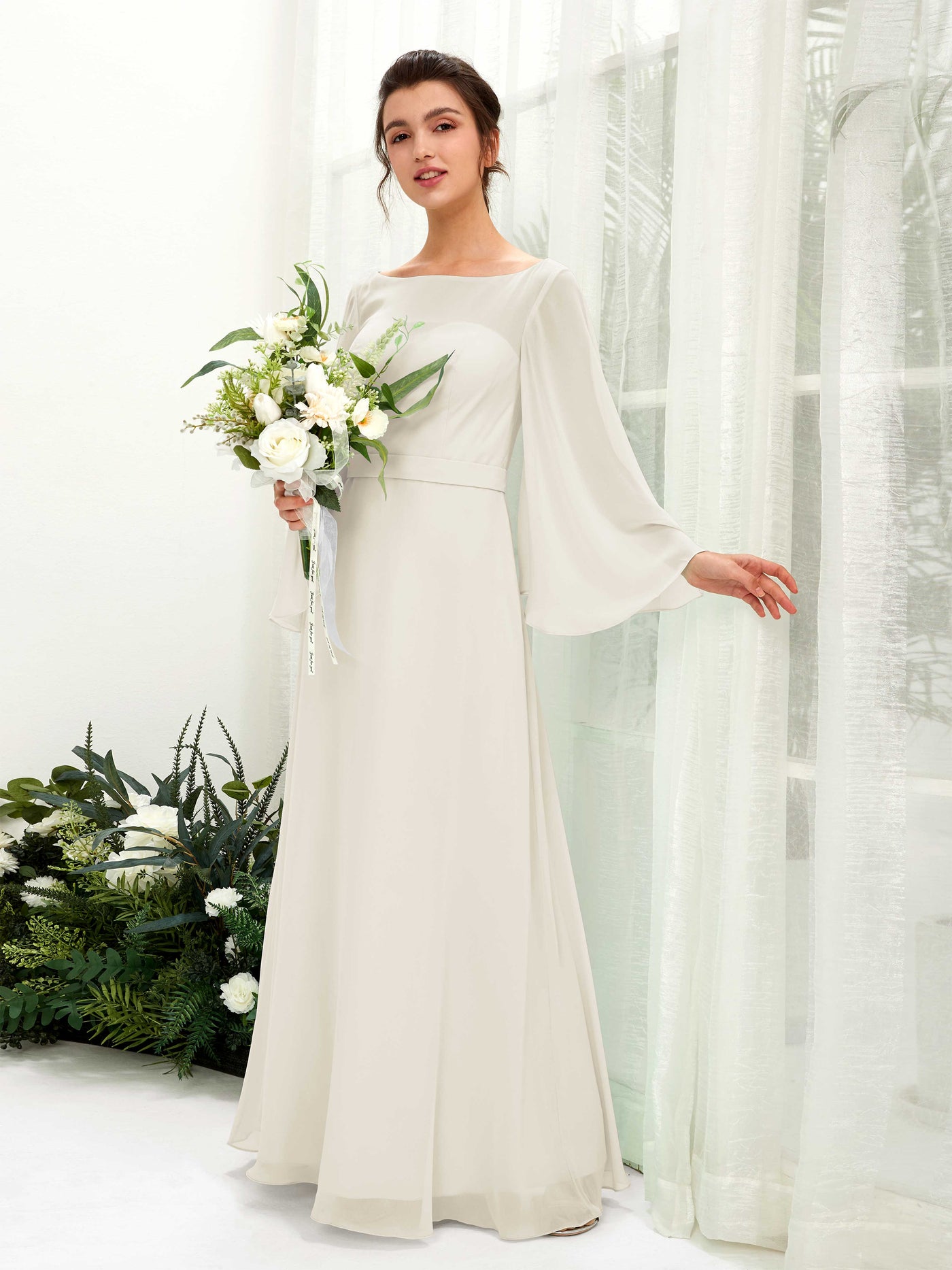 Ivory Bridesmaid Dresses Bridesmaid Dress A-line Chiffon Bateau Full Length Long Sleeves Wedding Party Dress (81220526)#color_ivory
