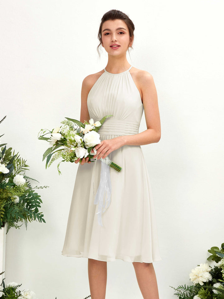 Ivory Bridesmaid Dresses Bridesmaid Dress A-line Chiffon Halter Knee Length Sleeveless Wedding Party Dress (81220126)