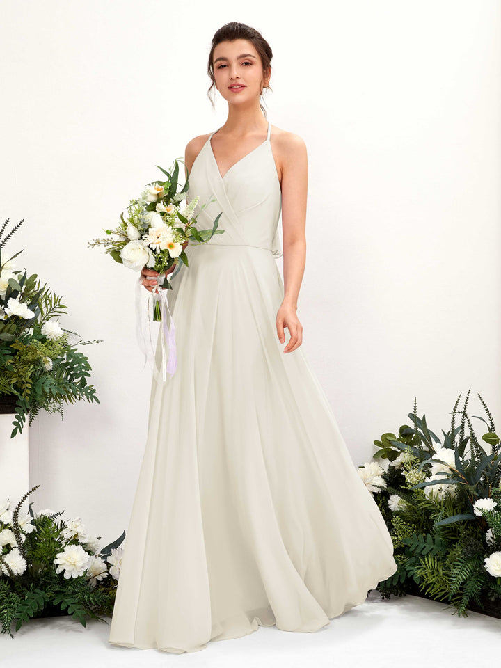 Halter V-neck Sleeveless Chiffon Bridesmaid Dress - Ivory (81221026)