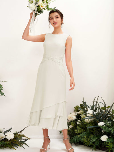 Carlyna Raina Mermaid Ivory Bridesmaid Dress Midi Sleeveless Round Neck Dress Front View #color_ivory