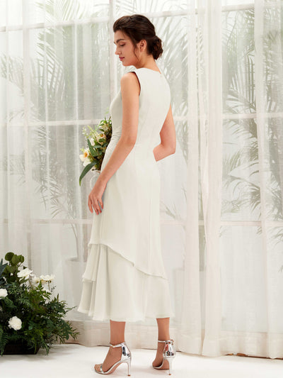 Carlyna Raina Mermaid Ivory Bridesmaid Dress Midi Sleeveless Round Neck Dress Back View #color_ivory