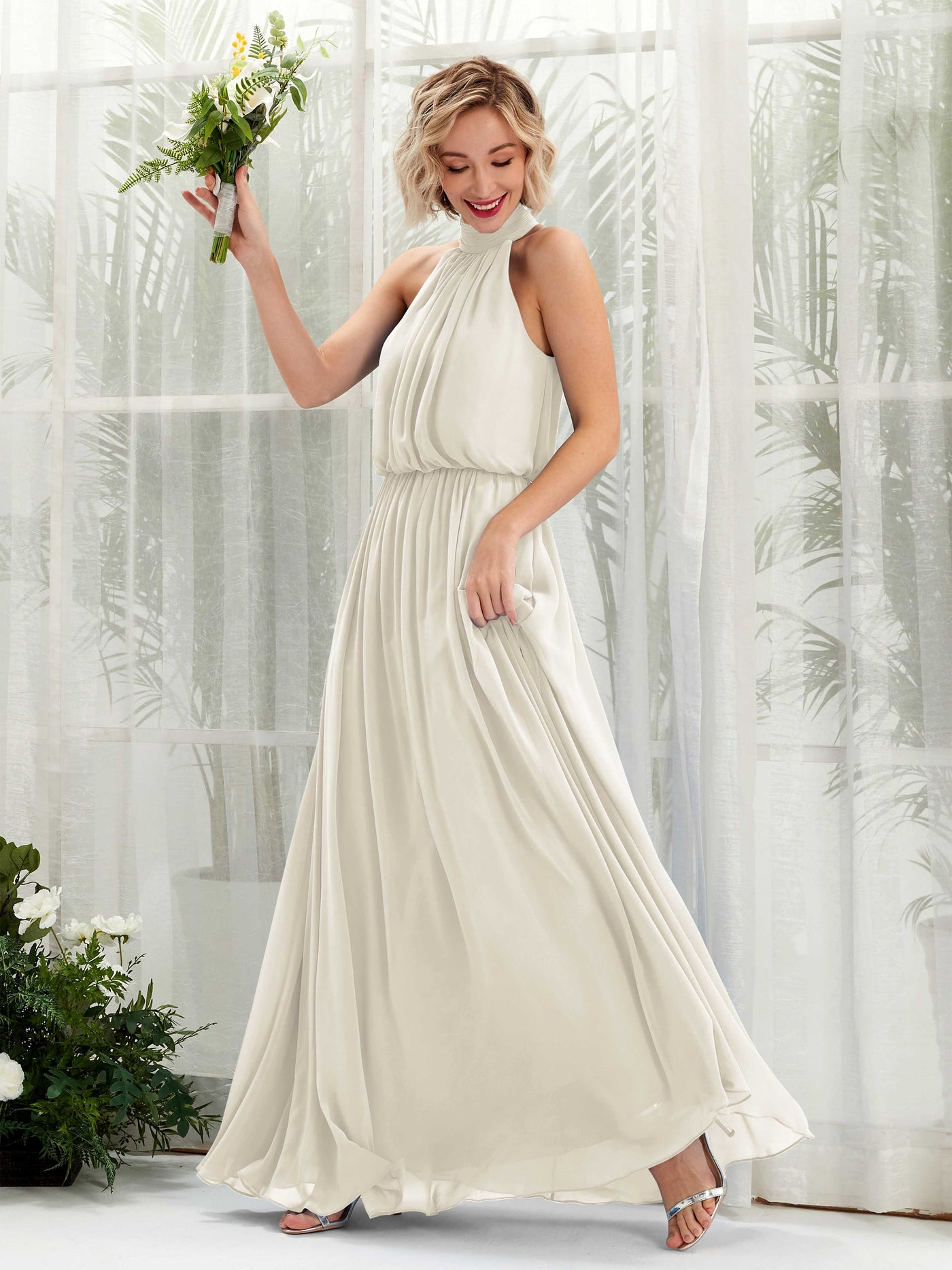 Ivory Bridesmaid Dresses Bridesmaid Dress A-line Chiffon Halter Full Length Sleeveless Wedding Party Dress (81222926)#color_ivory