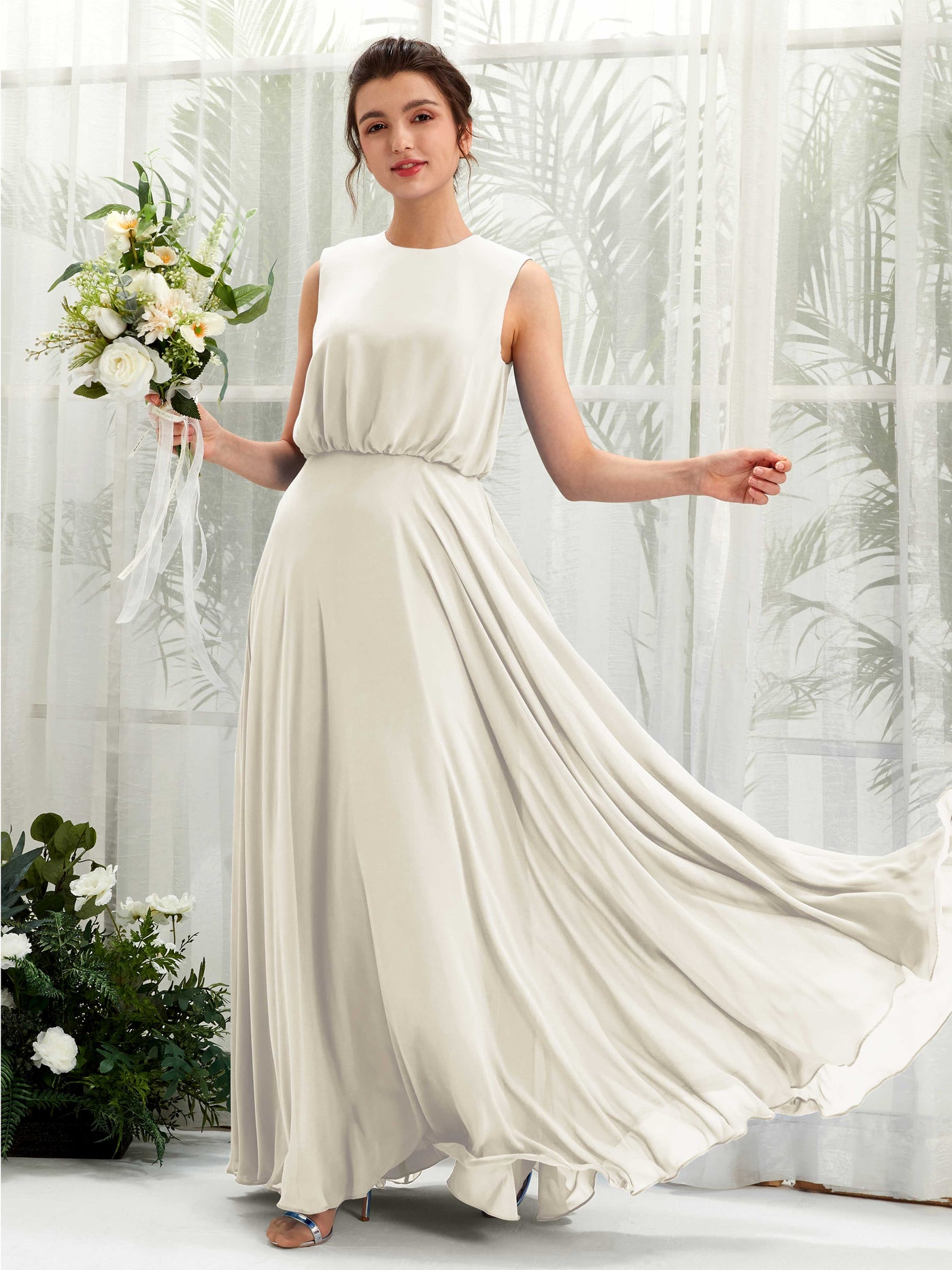 Ivory Bridesmaid Dresses Bridesmaid Dress A-line Chiffon Round Full Length Sleeveless Wedding Party Dress (81222826)#color_ivory