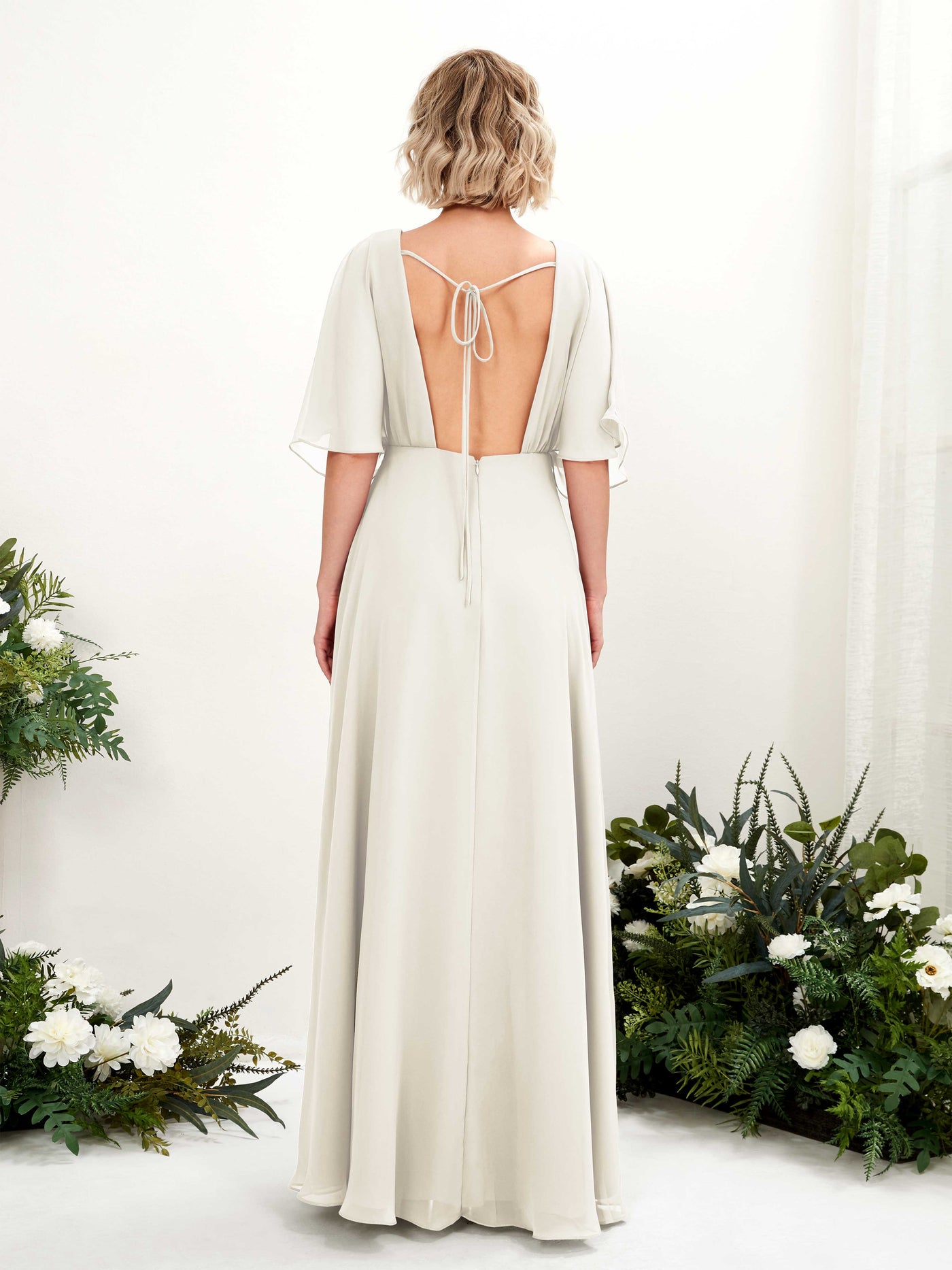 Ivory Bridesmaid Dresses Bridesmaid Dress A-line Chiffon V-neck Full Length Short Sleeves Wedding Party Dress (81225126)#color_ivory