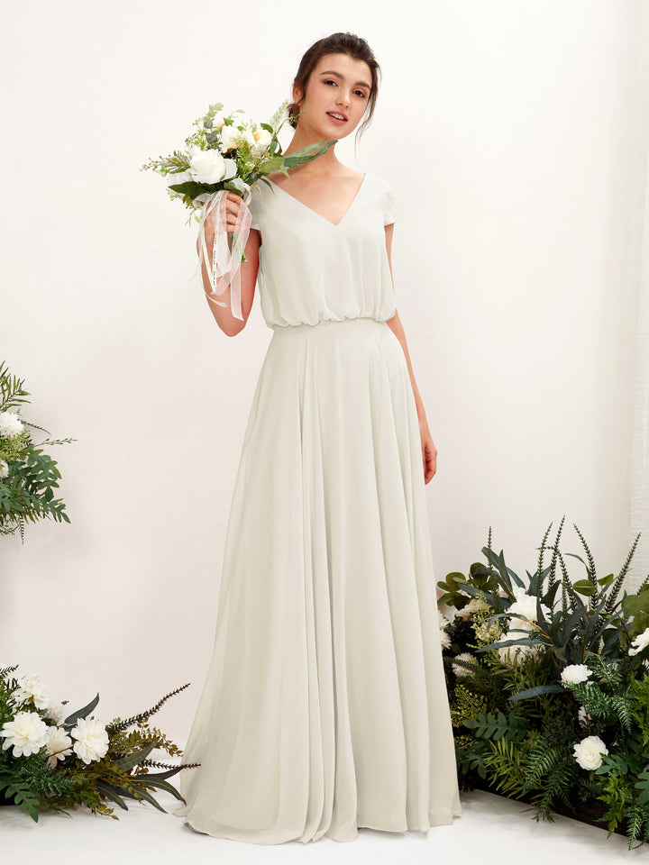 Ivory Bridesmaid Dresses Bridesmaid Dress A-line Chiffon V-neck Full Length Short Sleeves Wedding Party Dress (81221826)