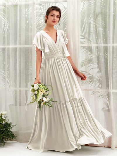 Carlyna Chaya A-Line Ivory Bridesmaid Dress Maxi Cap Sleeve V-Neck Dress Front View #color_ivory