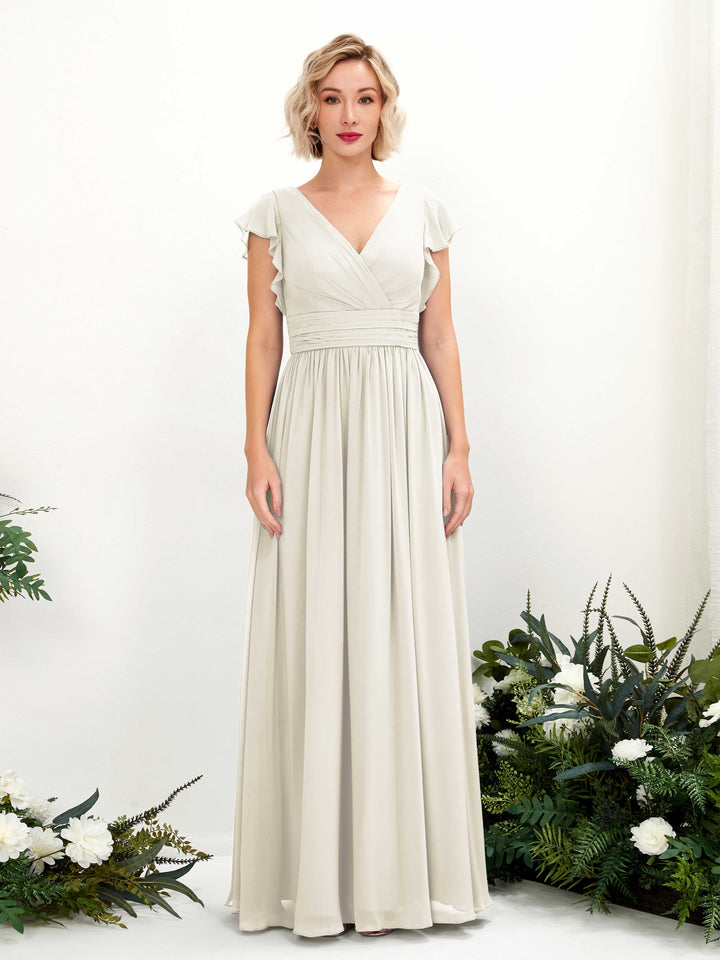 Ivory Bridesmaid Dresses Bridesmaid Dress A-line Chiffon V-neck Full Length Short Sleeves Wedding Party Dress (81222726)