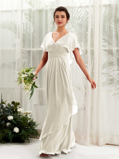 Carlyna Darlene A-Line Ivory Bridesmaid Dress Maxi Short Sleeve V-Neck Dress Front View #color_ivory