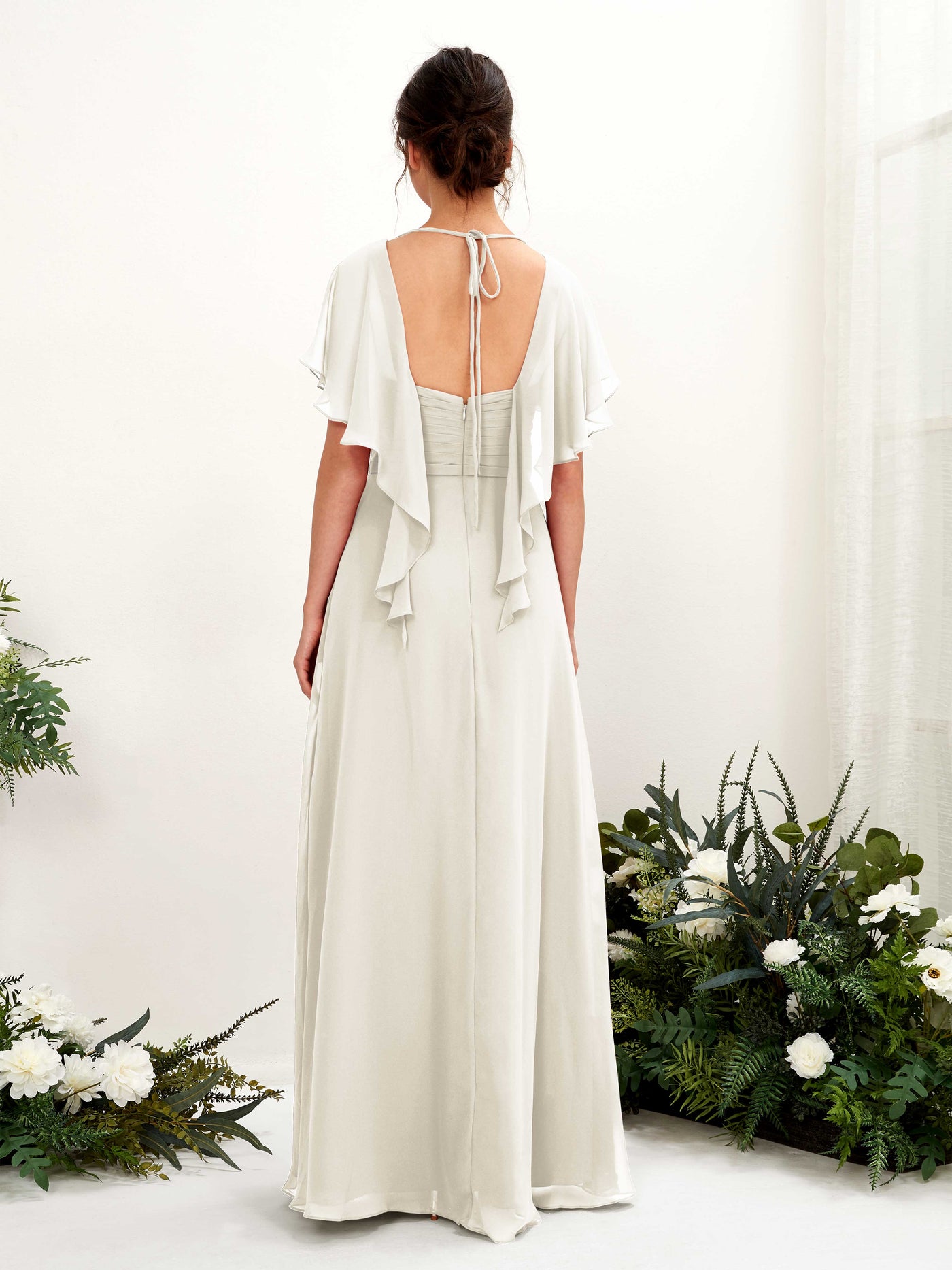 Open back V-neck Short Sleeves Chiffon Bridesmaid Dress - Ivory (81226126)#color_ivory