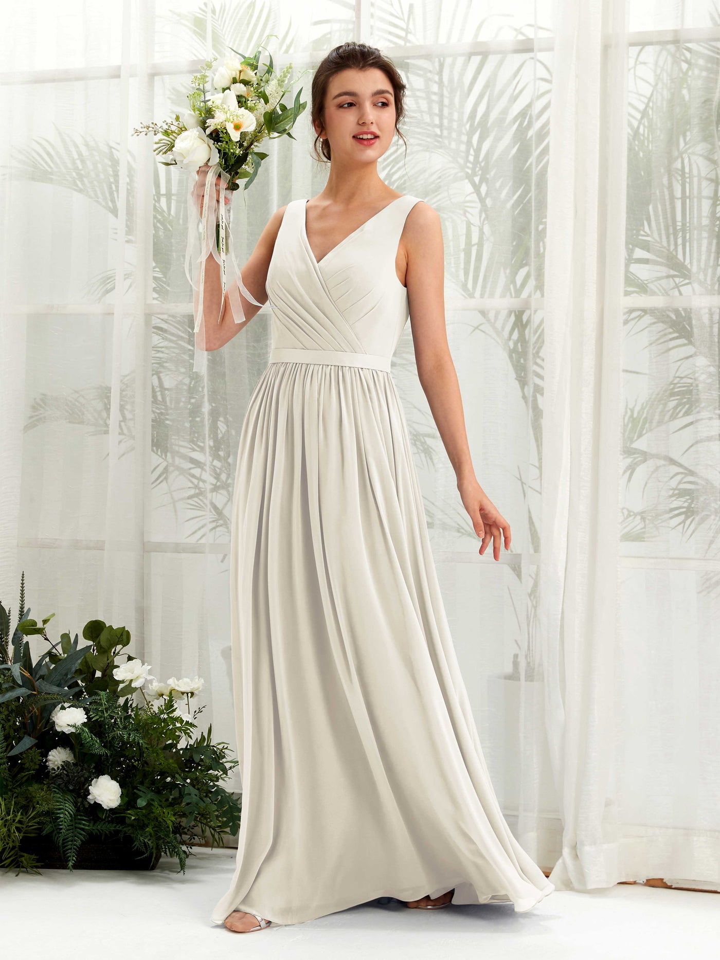 Ivory Bridesmaid Dresses Bridesmaid Dress A-line Chiffon V-neck Full Length Sleeveless Wedding Party Dress (81223626)#color_ivory