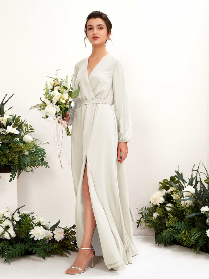 Ivory Bridesmaid Dresses Bridesmaid Dress A-line Chiffon V-neck Full Length Long Sleeves Wedding Party Dress (81223226)