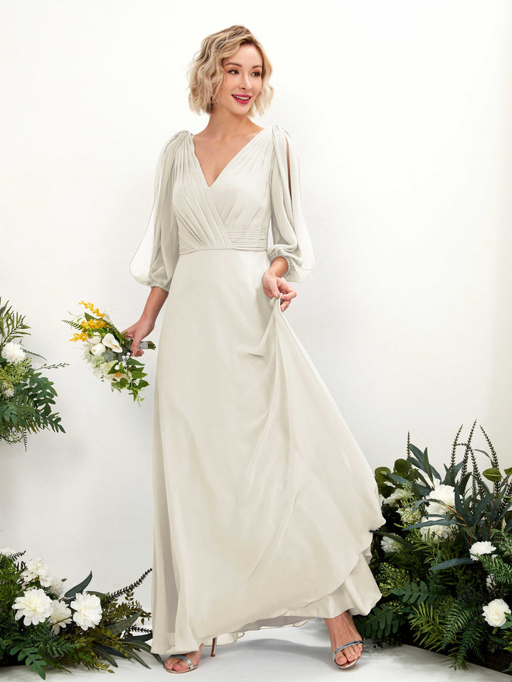 Ivory Bridesmaid Dresses Bridesmaid Dress Chiffon V-neck Full Length Long Sleeves Wedding Party Dress (81223526)