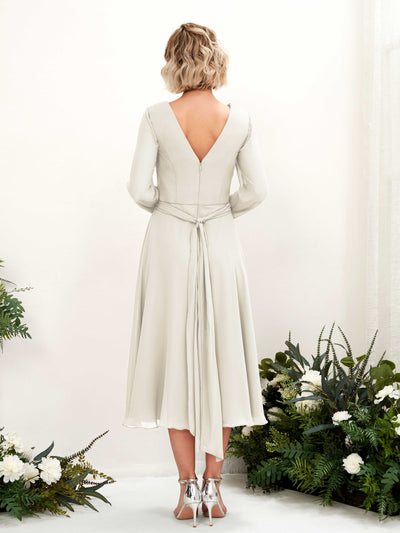 Carlyna Joanna A-Line Ivory Bridesmaid Dress Midi Long Sleeve V-Neck Back View #color_ivory