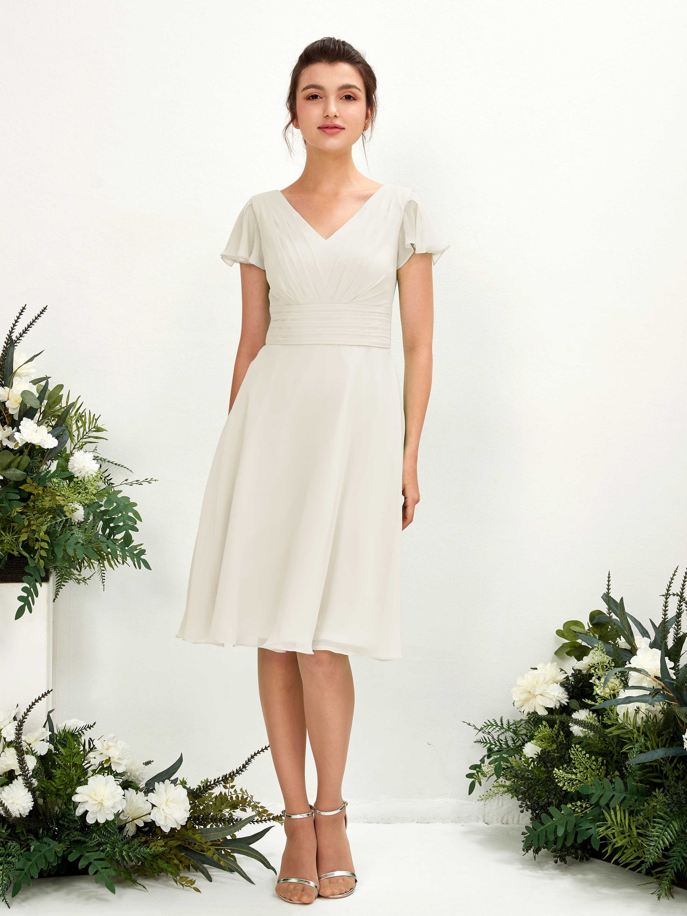 Ivory Bridesmaid Dresses Bridesmaid Dress Chiffon V-neck Knee Length Short Sleeves Wedding Party Dress (81220226)#color_ivory