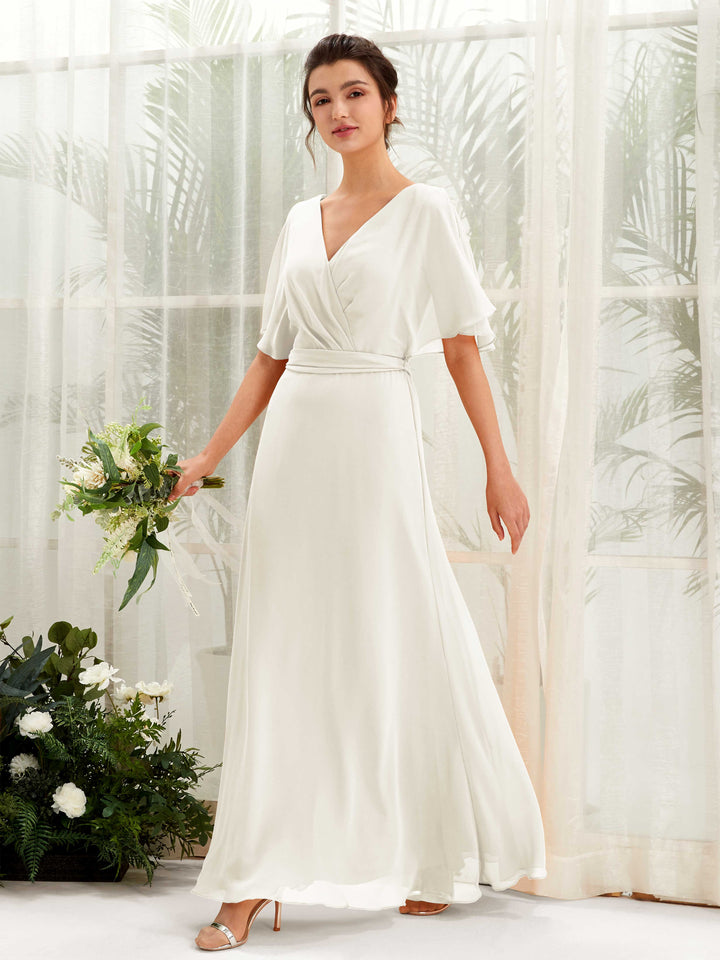 Ivory Bridesmaid Dresses Bridesmaid Dress A-line Chiffon V-neck Full Length Short Sleeves Wedding Party Dress (81222426)