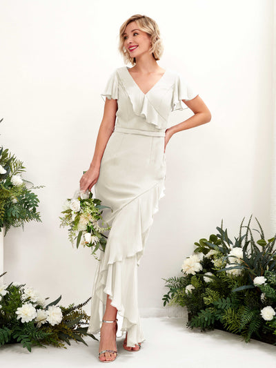 Carlyna Eartha Mermaid Ivory Bridesmaid Dress Maxi Cap Sleeve V-Neck Dress Front View #color_ivory