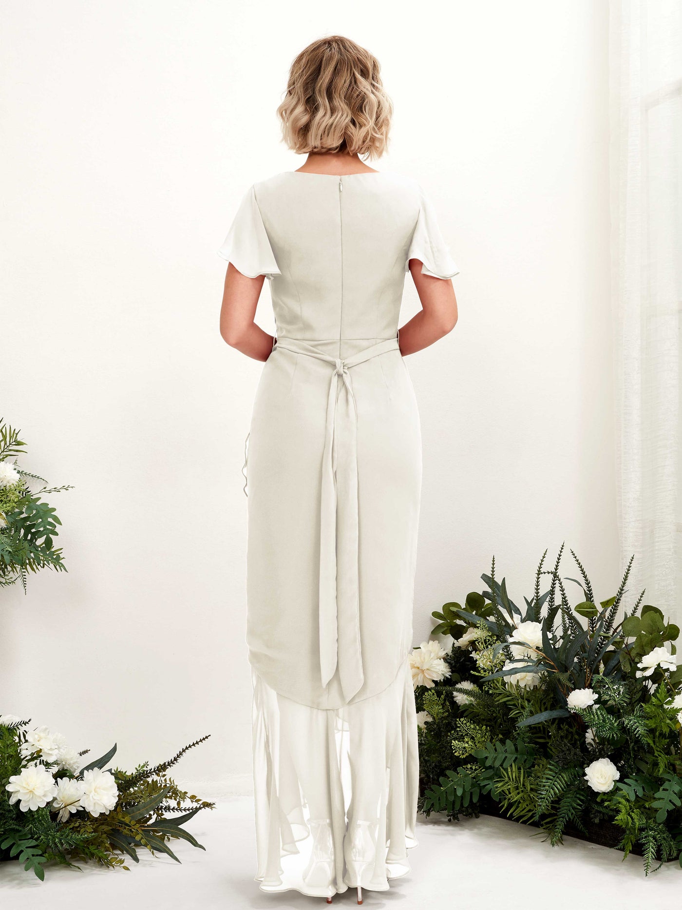 V-neck Short Sleeves Chiffon Bridesmaid Dress - Ivory (81226226)#color_ivory