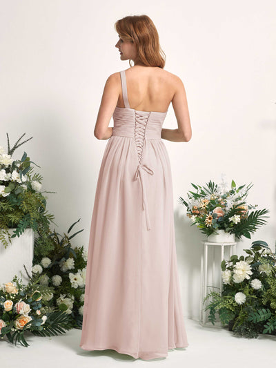 Carlyna Pandora A-Line Biscotti Bridesmaid Dress Maxi Sleeveless One Shoulder Dress Back View #color_biscotti
