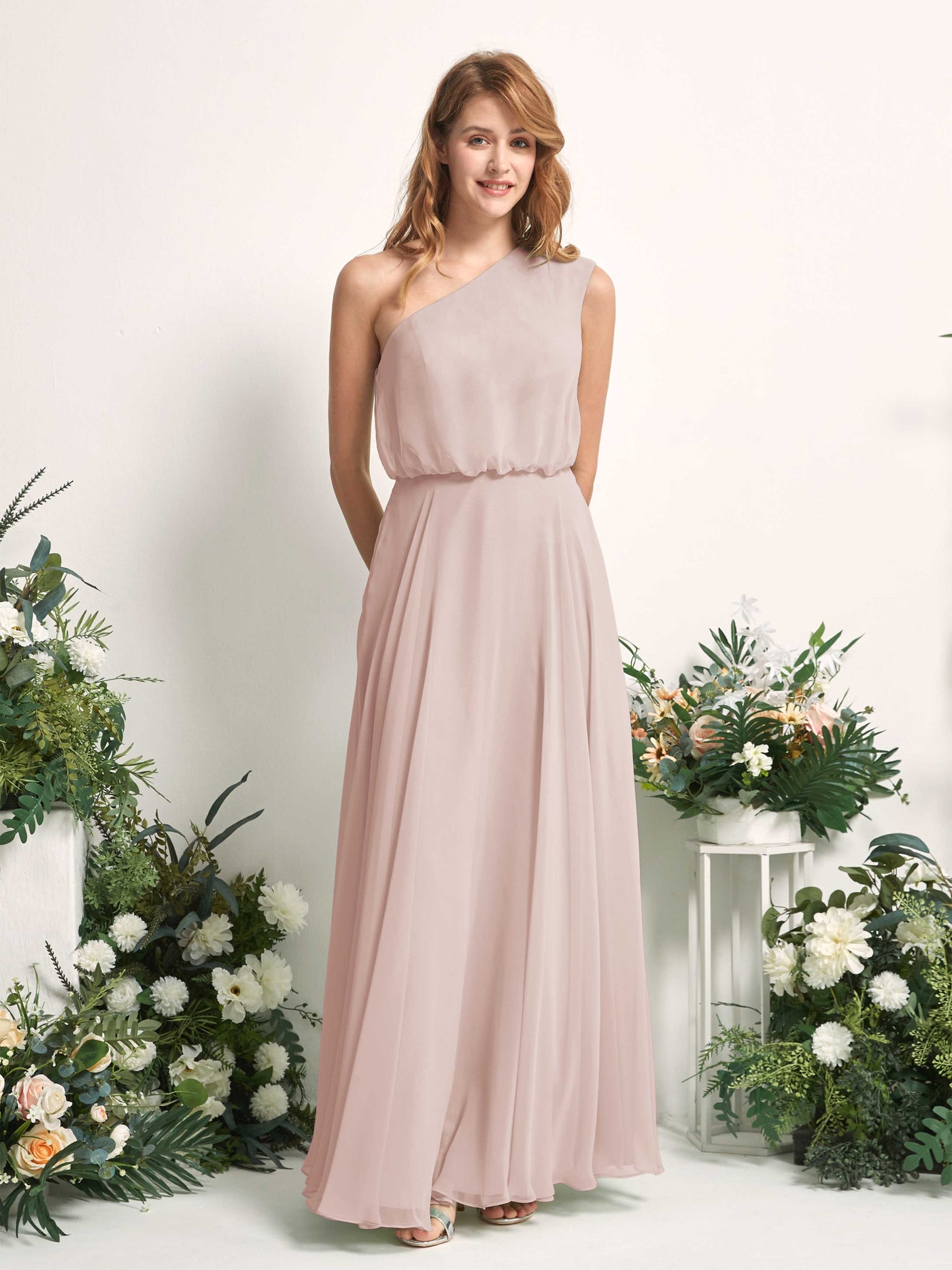 Bridesmaid Dress A-line Chiffon One Shoulder Full Length Sleeveless Wedding Party Dress - Biscotti (81226835)#color_biscotti