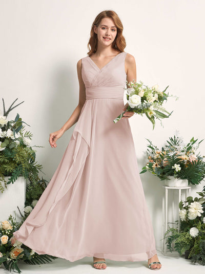 Carlyna Mollie A-Line Biscotti Bridesmaid Dress Maxi Sleeveless V-Neck Dress Front View #color_biscotti