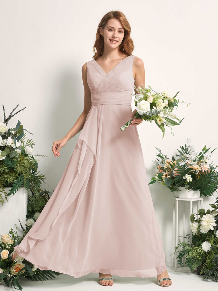 Bridesmaid Dress A-line Chiffon V-neck Full Length Sleeveless Wedding Party Dress - Biscotti (81227135)