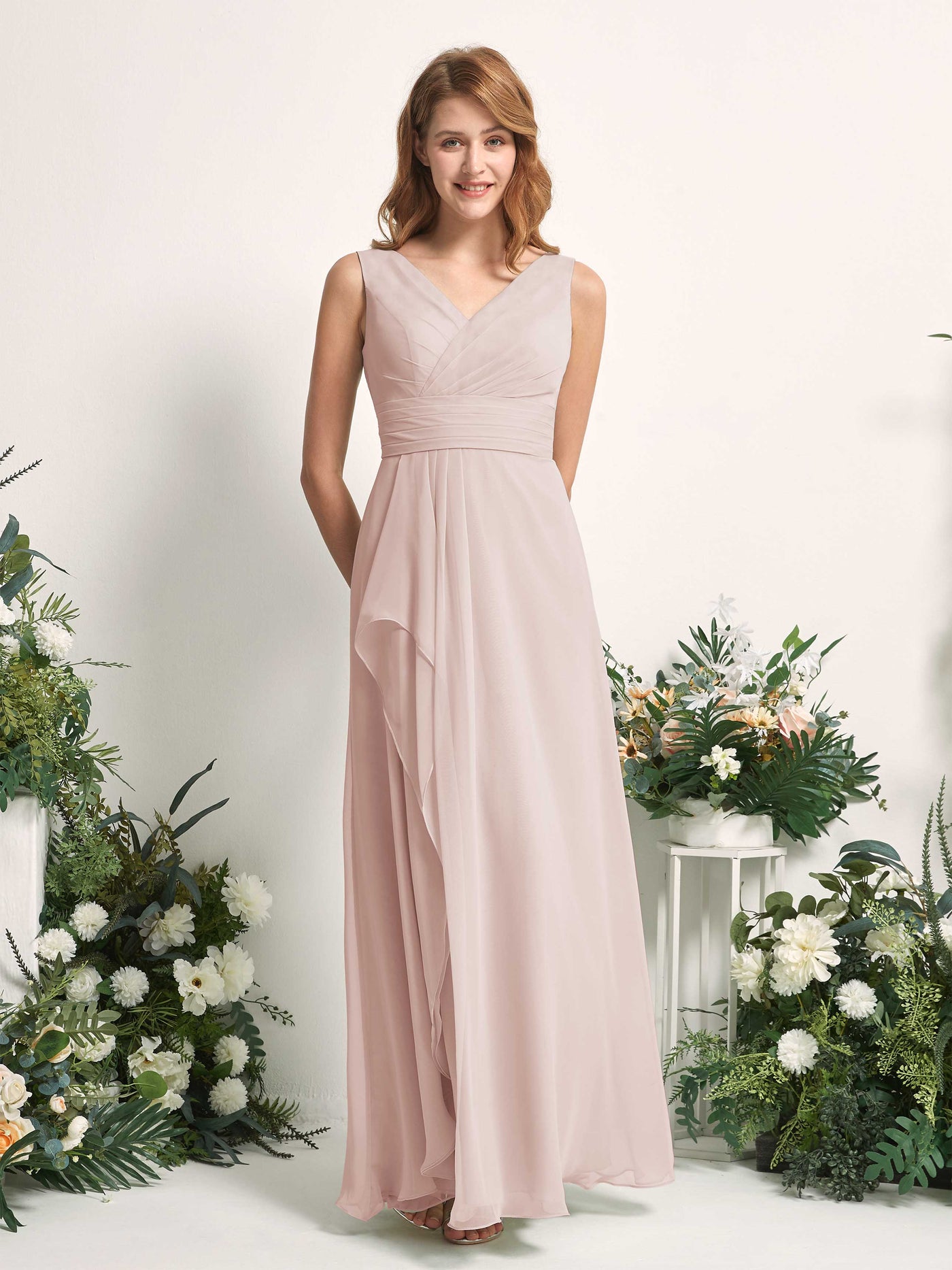 Bridesmaid Dress A-line Chiffon V-neck Full Length Sleeveless Wedding Party Dress - Biscotti (81227135)#color_biscotti