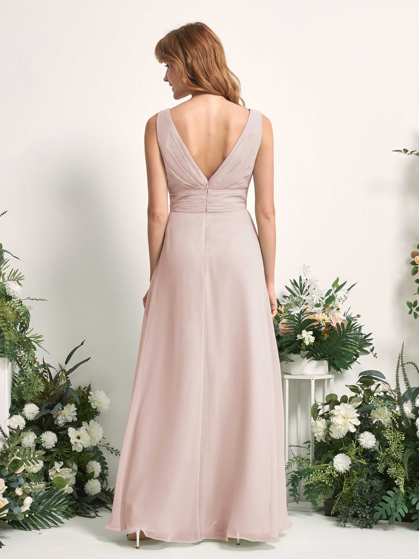 Bridesmaid Dress A-line Chiffon V-neck Full Length Sleeveless Wedding Party Dress - Biscotti (81227135)#color_biscotti