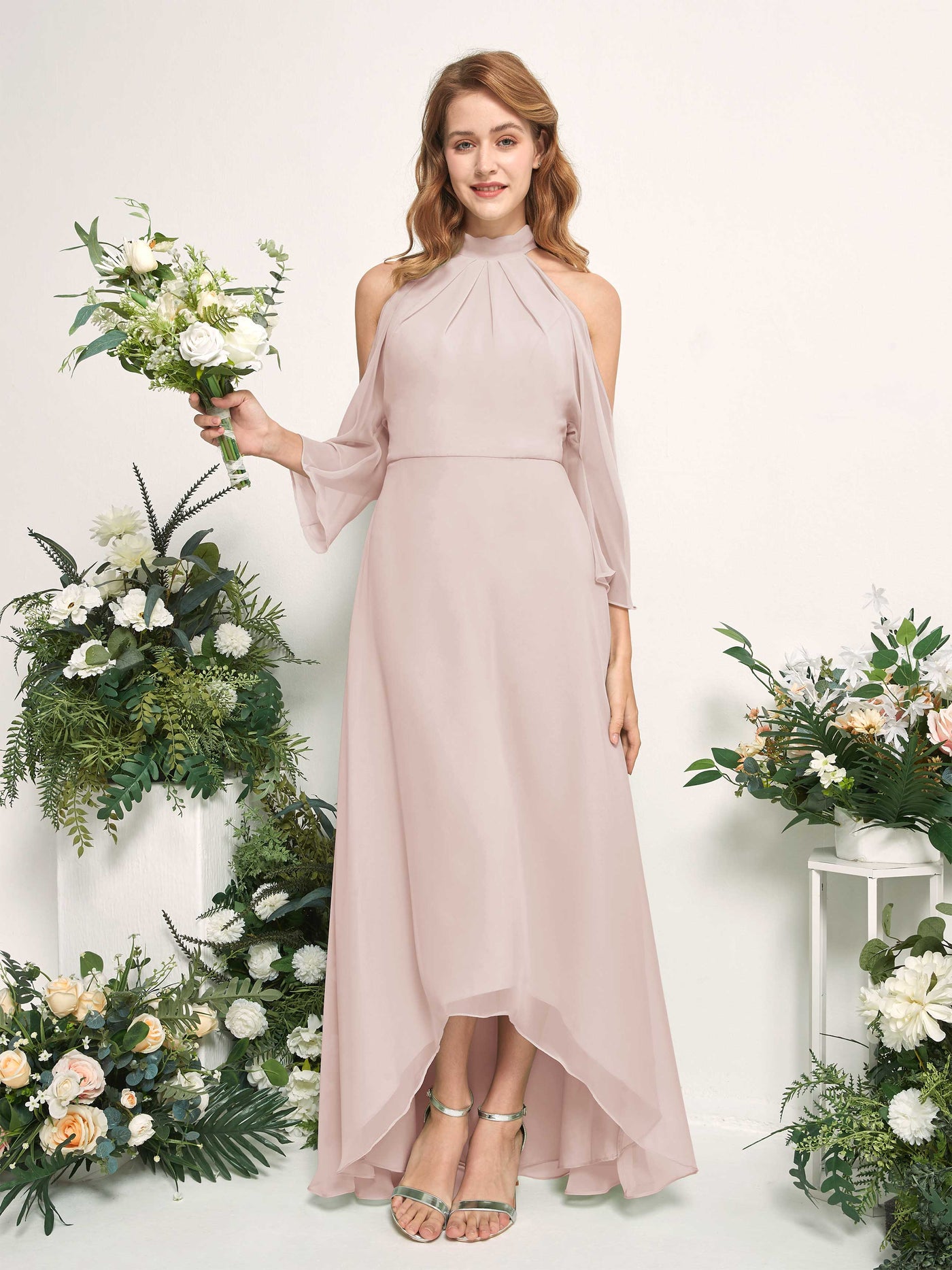 Bridesmaid Dress A-line Chiffon Halter High Low 3/4 Sleeves Wedding Party Dress - Biscotti (81227635)#color_biscotti