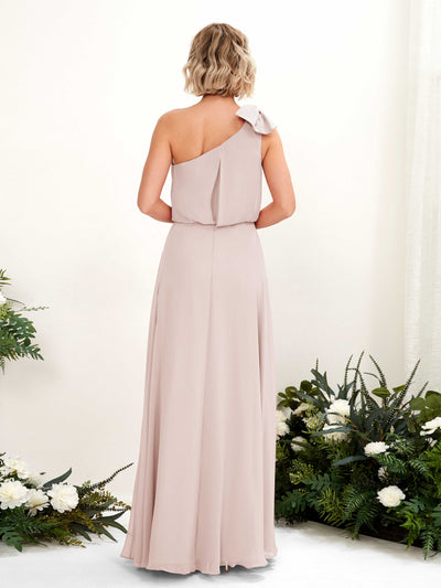 Carlyna Laurel A-Line Biscotti Bridesmaid Dress Maxi Sleeveless One Shoulder Dress Back View #color_biscotti