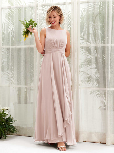 Carlyna Brianna A-Line Biscotti Bridesmaid Dress Maxi Sleeveless Boat Neck Dress Front View #color_biscotti