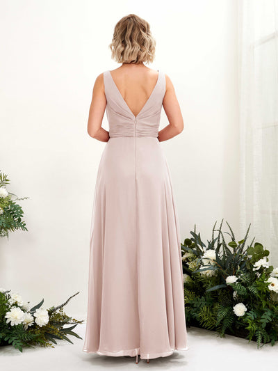 Carlyna Brianna A-Line Biscotti Bridesmaid Dress Maxi Sleeveless Boat Neck Dress Back View #color_biscotti