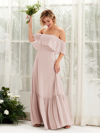 Carlyna Joie A-Line Biscotti Bridesmaid Dress Maxi Sleeveless Off the Shoulder Dress Front View #color_biscotti