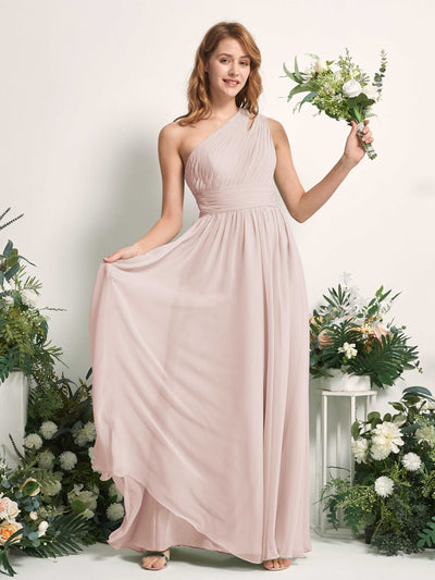Carlyna Evelyn A-Line Biscotti Bridesmaid Dress Maxi Sleeveless One Shoulder Dress Front View #color_biscotti