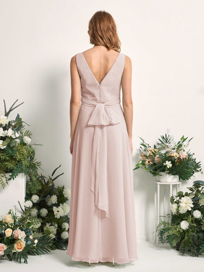 Carlyna June A-Line Biscotti Bridesmaid Dress Maxi Sleeveless V-Neck Dress Back View #color_biscotti