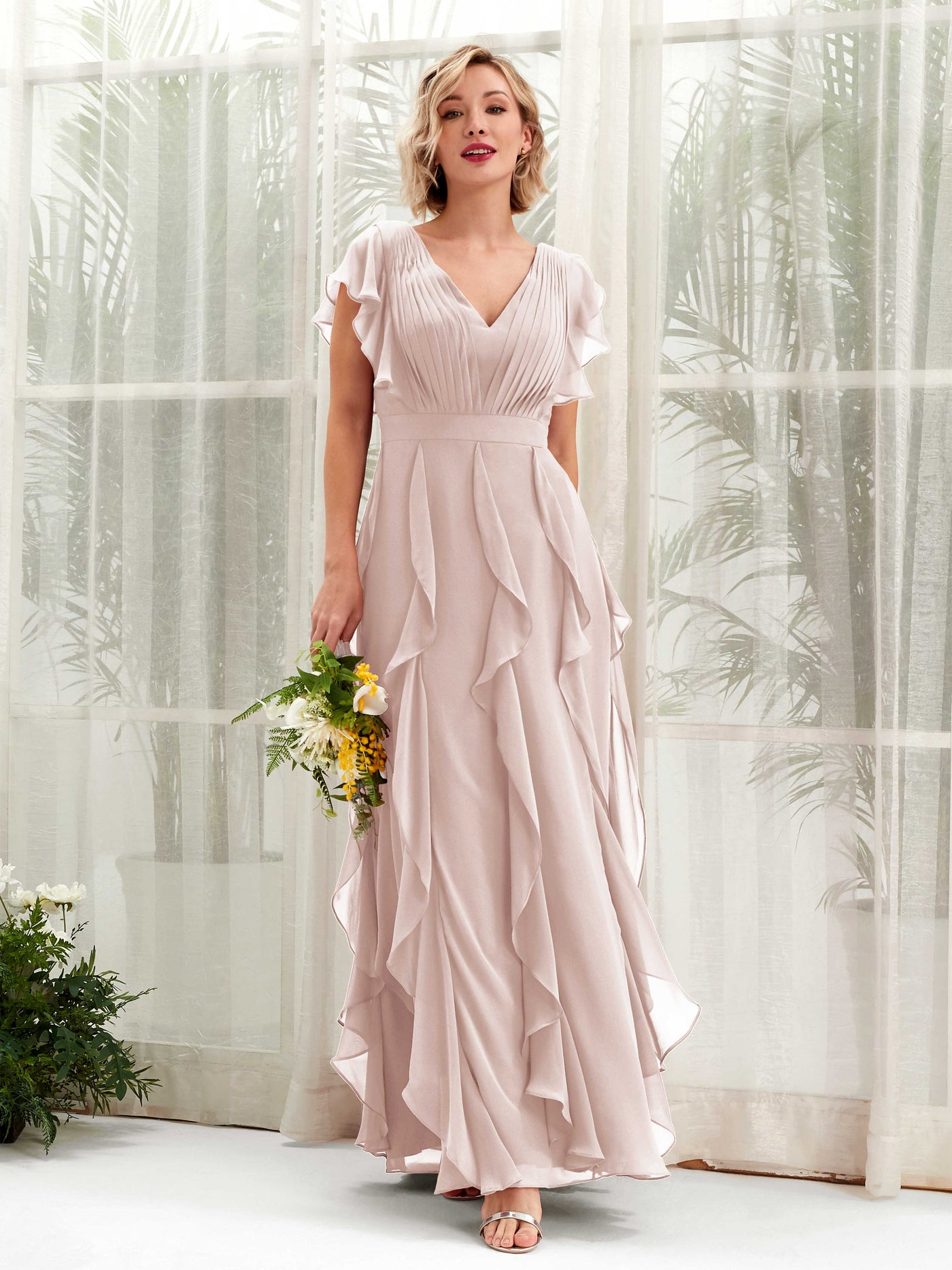 A-line Open back V-neck Short Sleeves Chiffon Bridesmaid Dress - Biscotti (81226035)#color_biscotti