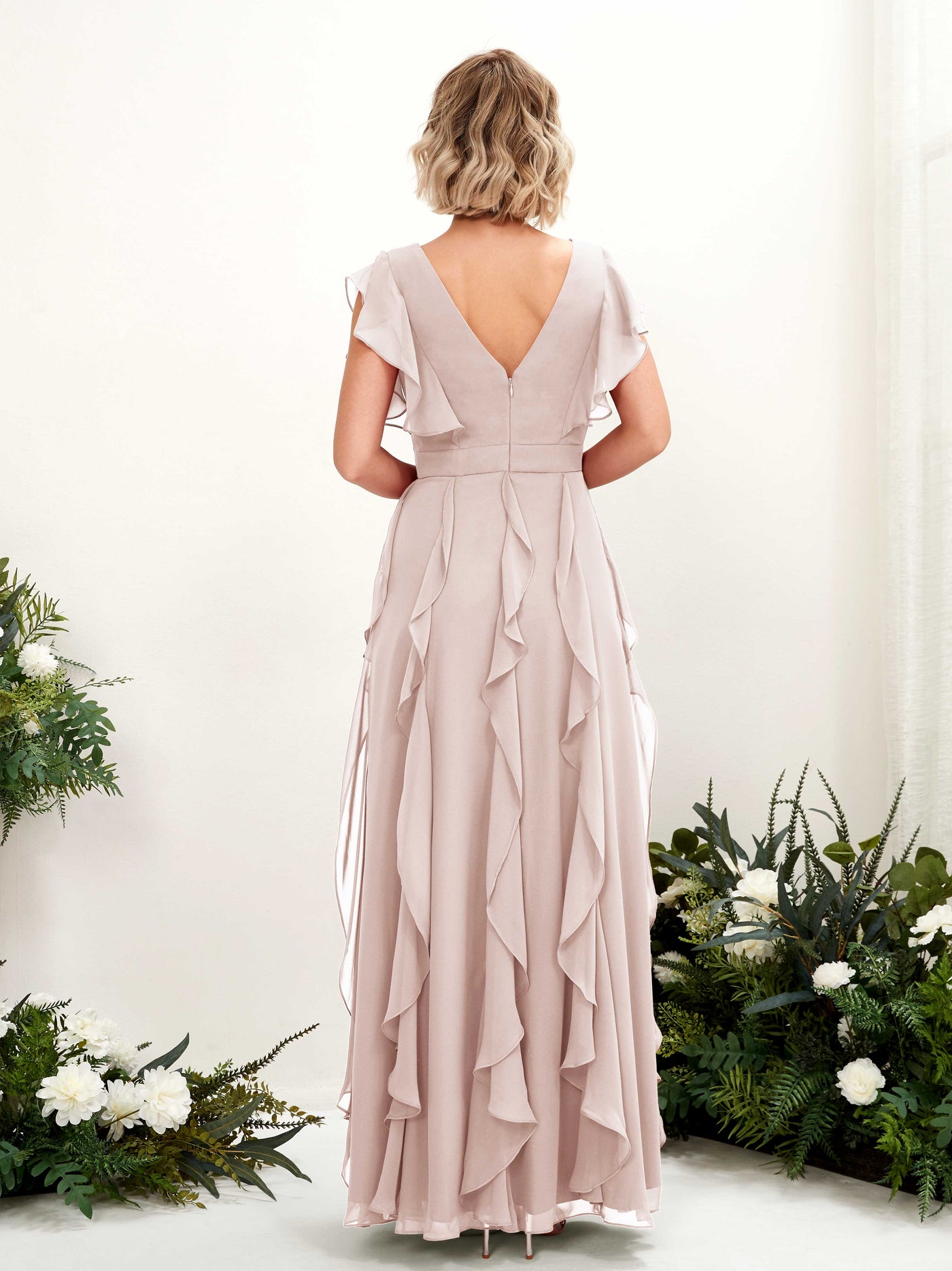 A-line Open back V-neck Short Sleeves Chiffon Bridesmaid Dress - Biscotti (81226035)#color_biscotti