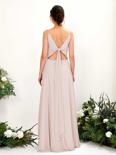 Carlyna Elsa A-Line Biscotti Bridesmaid Dress Maxi Sleeveless V-Neck Dress Back View #color_biscotti
