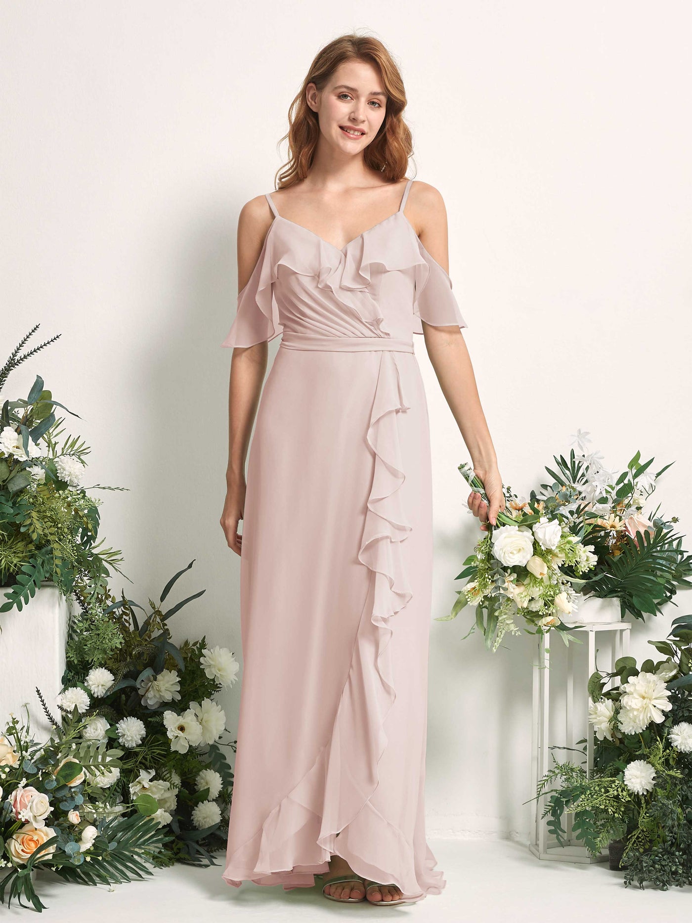 Bridesmaid Dress A-line Chiffon Spaghetti-straps Full Length Sleeveless Wedding Party Dress - Biscotti (81227435)#color_biscotti
