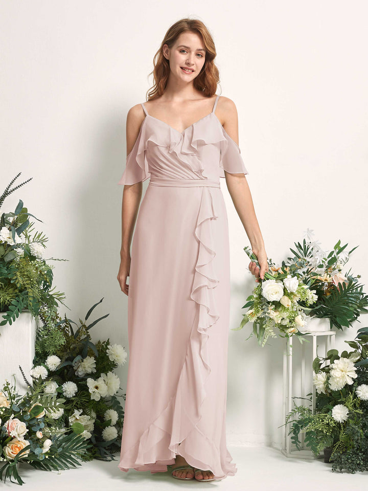 Bridesmaid Dress A-line Chiffon Spaghetti-straps Full Length Sleeveless Wedding Party Dress - Biscotti (81227435)